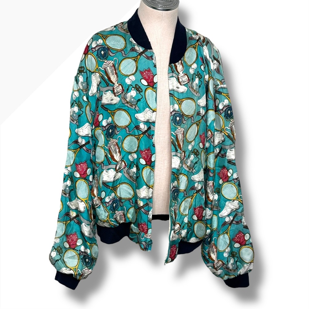 La Costa Spa Collection Silk Bomber Jacket Tennis Print Pickle ball Womens L